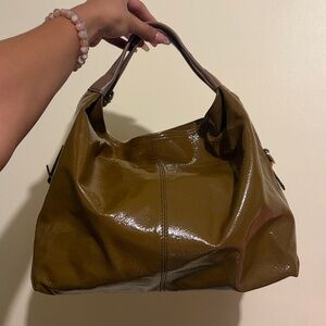 Furla Elisabeth Shopper Olive Green Patent Leather Handbag Purse